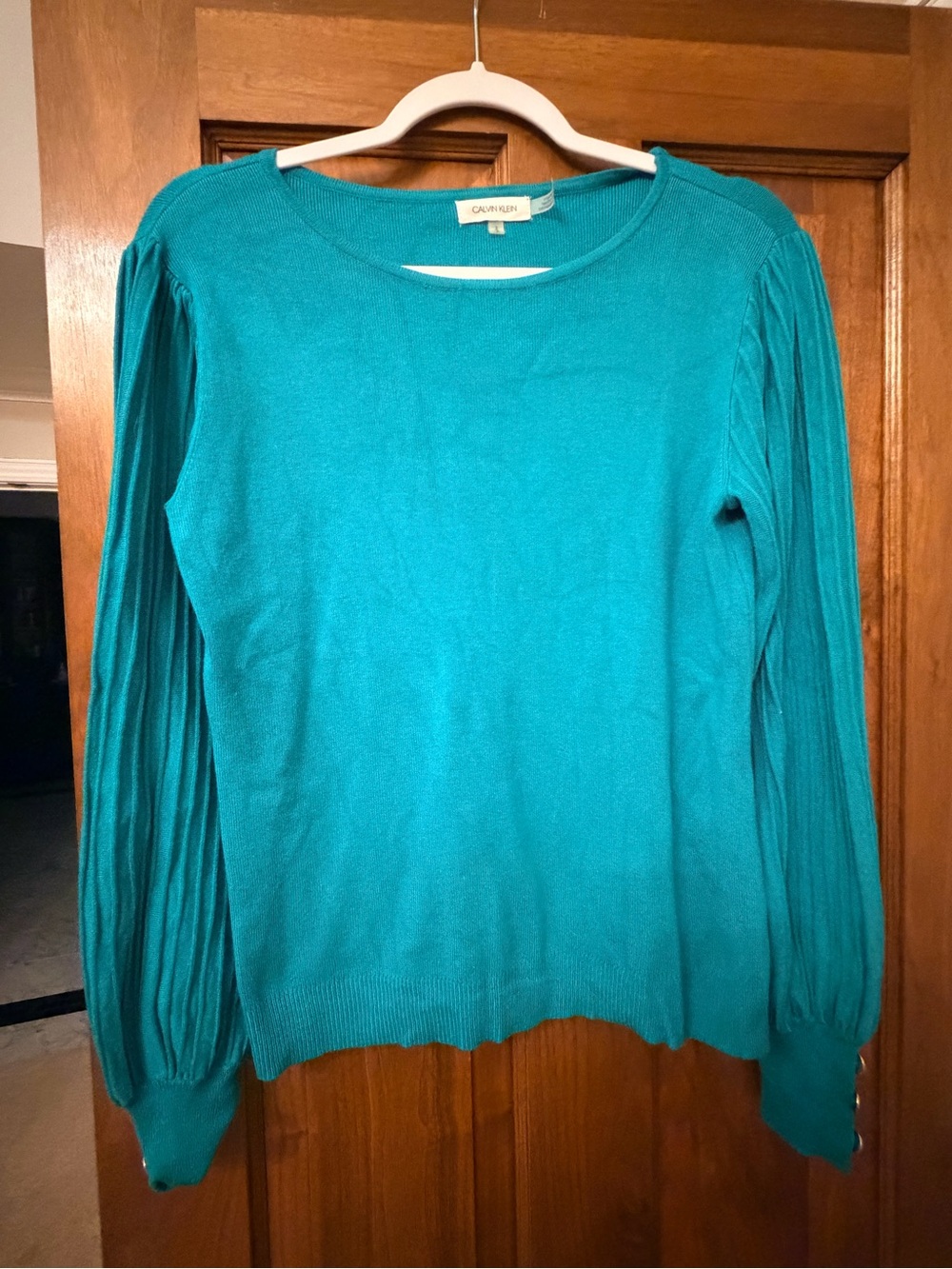 Calvin Klein Teal Pleated-Sleeve Crewneck Sweater